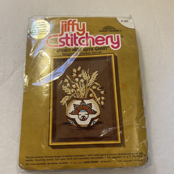 Vintage Jiffy Stitchery Indian Vase With Grain Sunset Designs Embroidery Kit New - Picture 1 of 3
